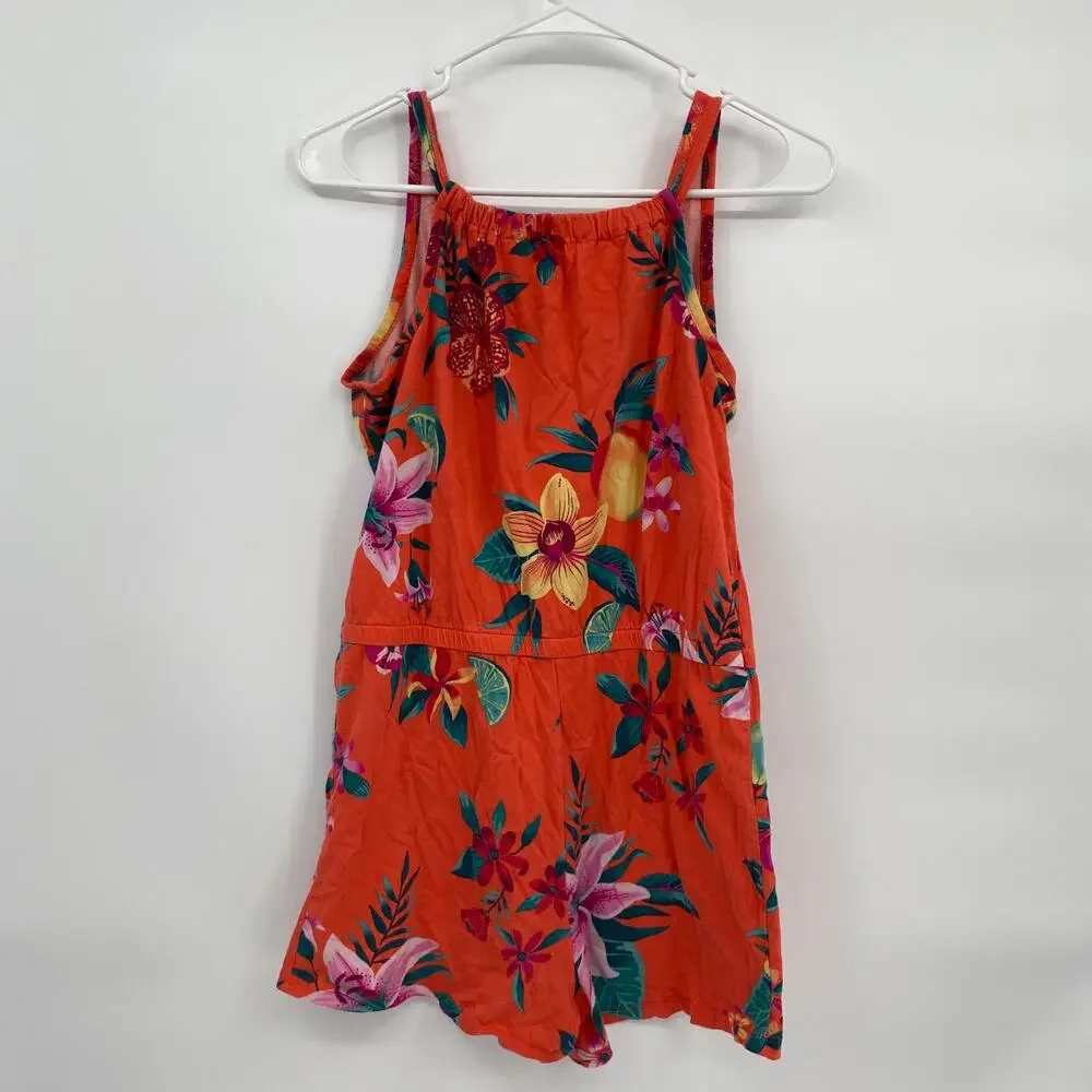 Old Navy Girls Tank Shorts Romper Orange Floral Jumpsuit XXL 16 Plus